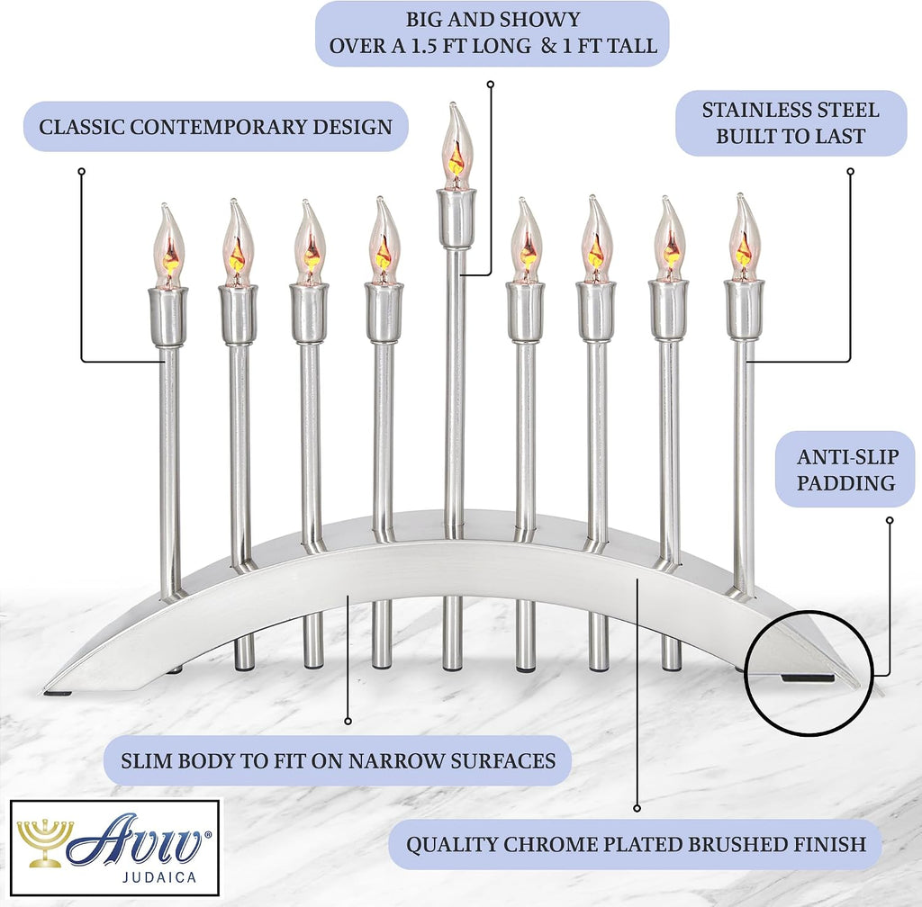Hanukkah Electric Brushed Stainless Steel with Flickering Flame Bulbs Candles 9 Branch Hanukkiah for Chuanukah