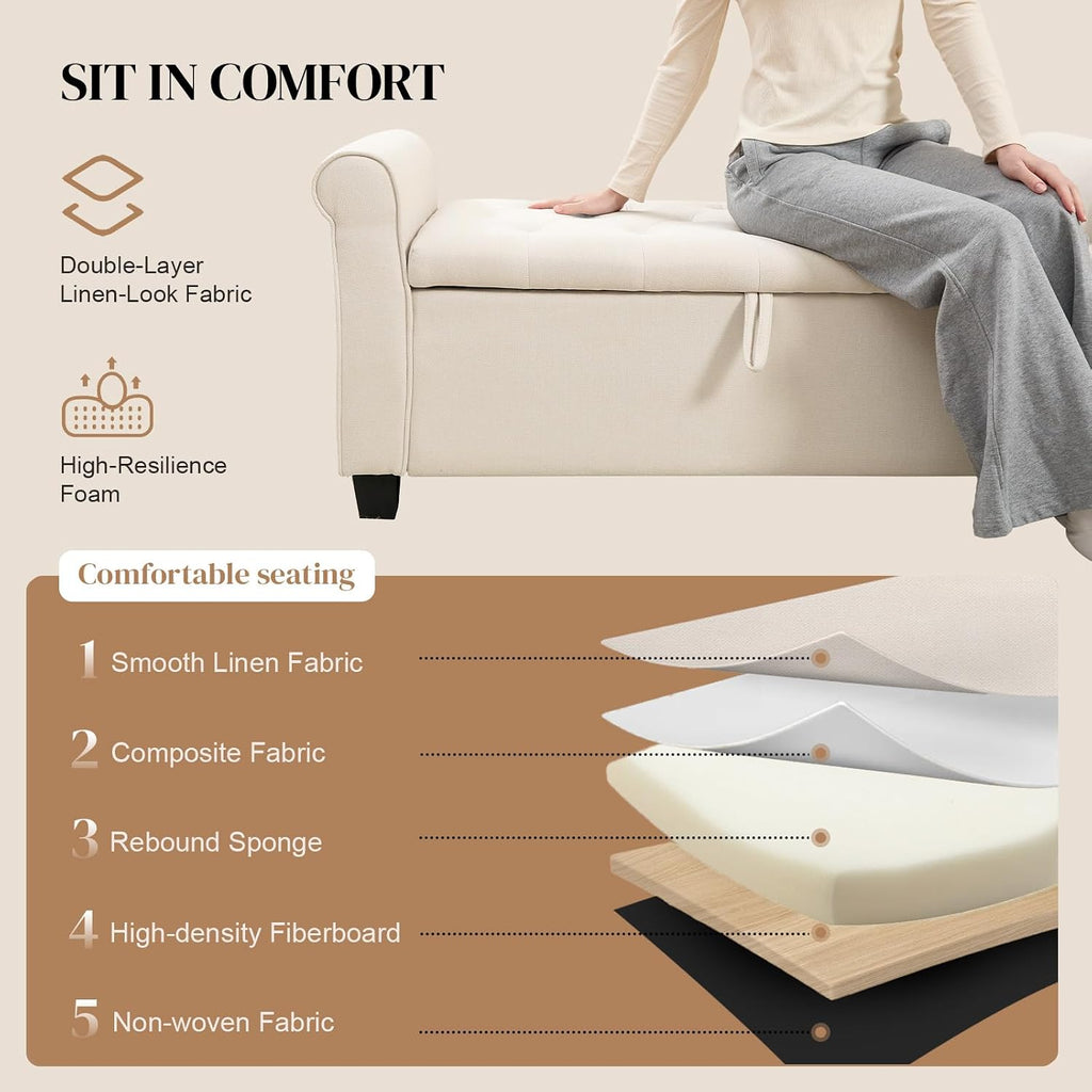 49" End of Bed Storage Bench , Upholstered Storage Ottoman | Easy Assembly with Instructions, Pet Friendly, Polyester