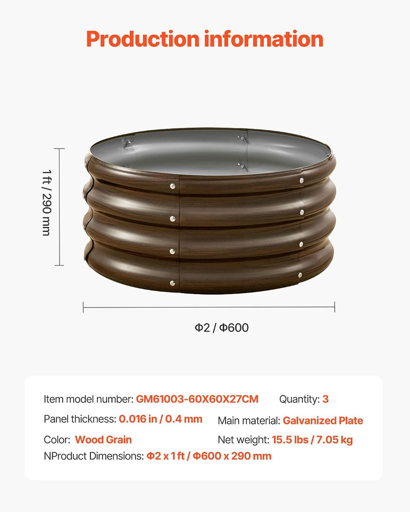3 Pcs 2x2x1ft Round Galvanized Raised Garden Bed Kit, Outdoor Metal Raised Beds for Gardening Vegetables, Easy