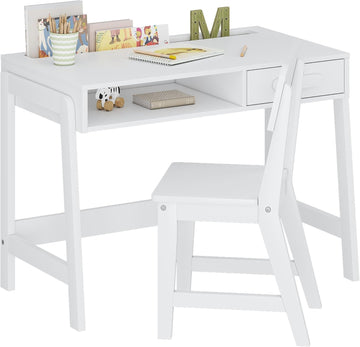 Wooden Kids Desk and Chair Set with Open Storage & 1 Drawer