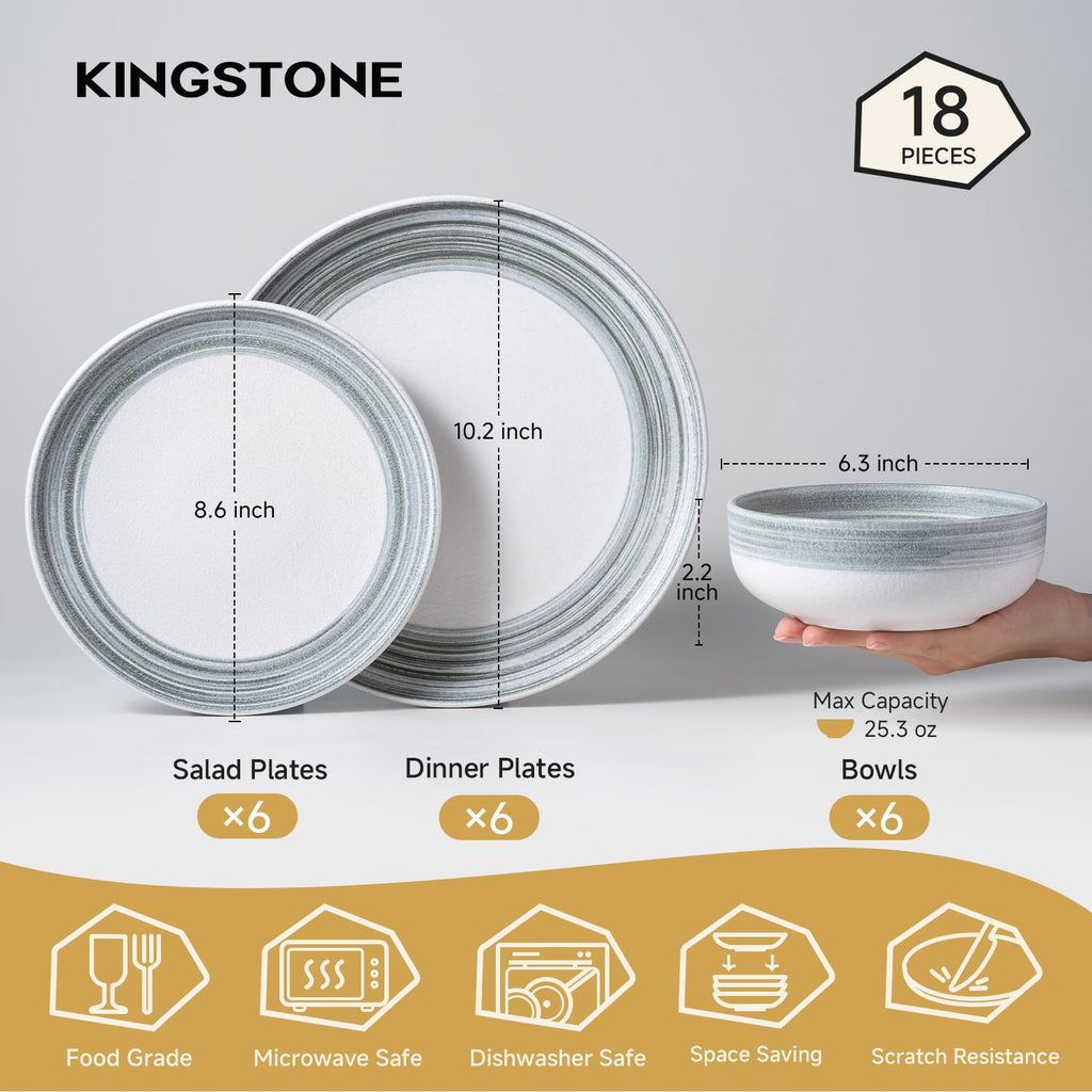 Stoneware Dinnerware Set for 6, 18-Piece Ceramic Plates & Bowls