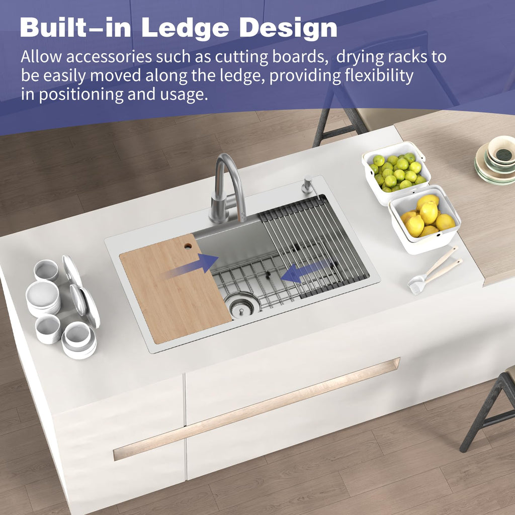 30x18In Stainless Steel Kitchen Sink Workstation, Drop-In, Single Bowl