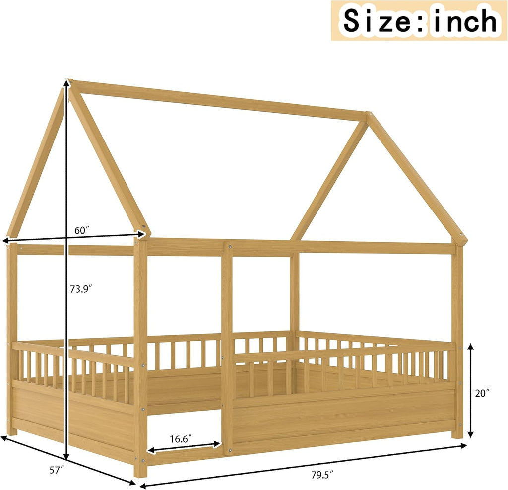 House Floor Bed Frame Full Size, Wood Montessori Floor Bed with High Fence and Roof, Easy Assemble Montessori Beds