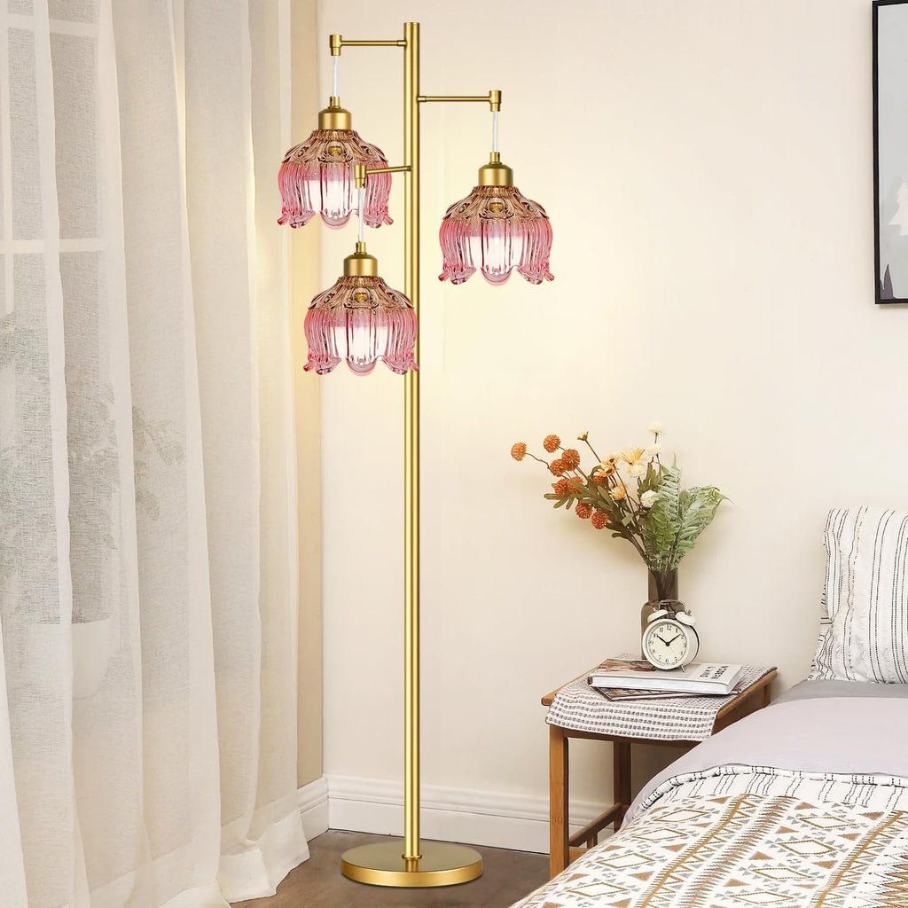 Pink Floor Lamp,Gold Mid Century Modern Standing Lamp Brass Tree 3 Light Tall Floor Lamps Vintage Retro Floor Lights