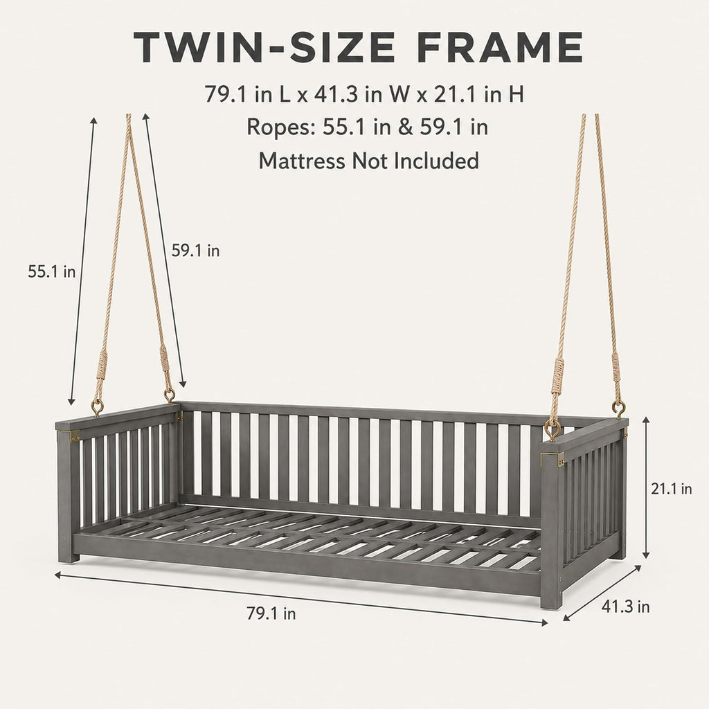 Outdoor Porch Swing Bed, Twin Size Acacia Wood Daybed (Gray) | Acacia Wood Frame, Hemp Ropes, Fits Twin Mattress