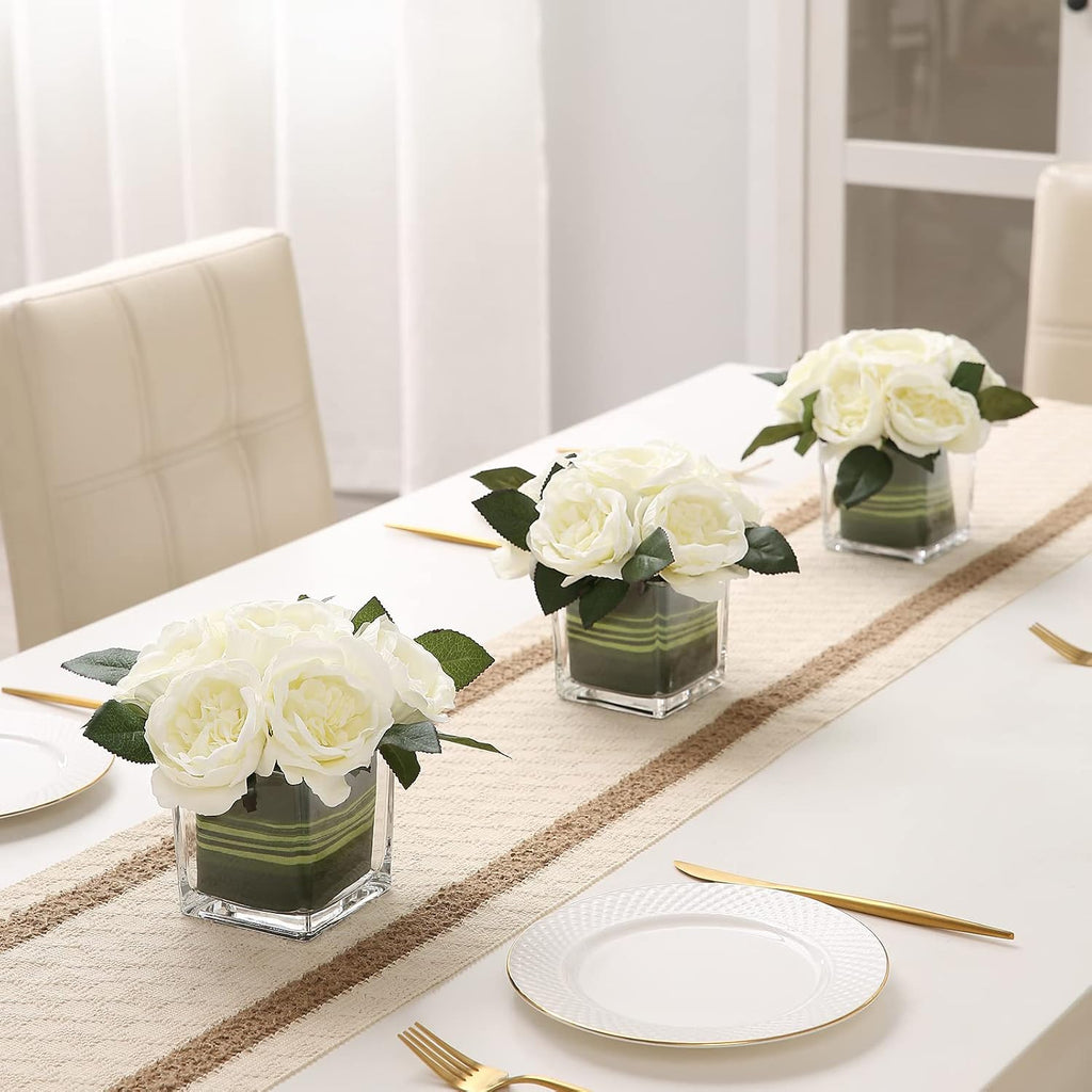 Artificial Peony Silk Flower Centerpieces Faux Floral Arrangement in Glass Vase Wedding Table Decoration (Cream)