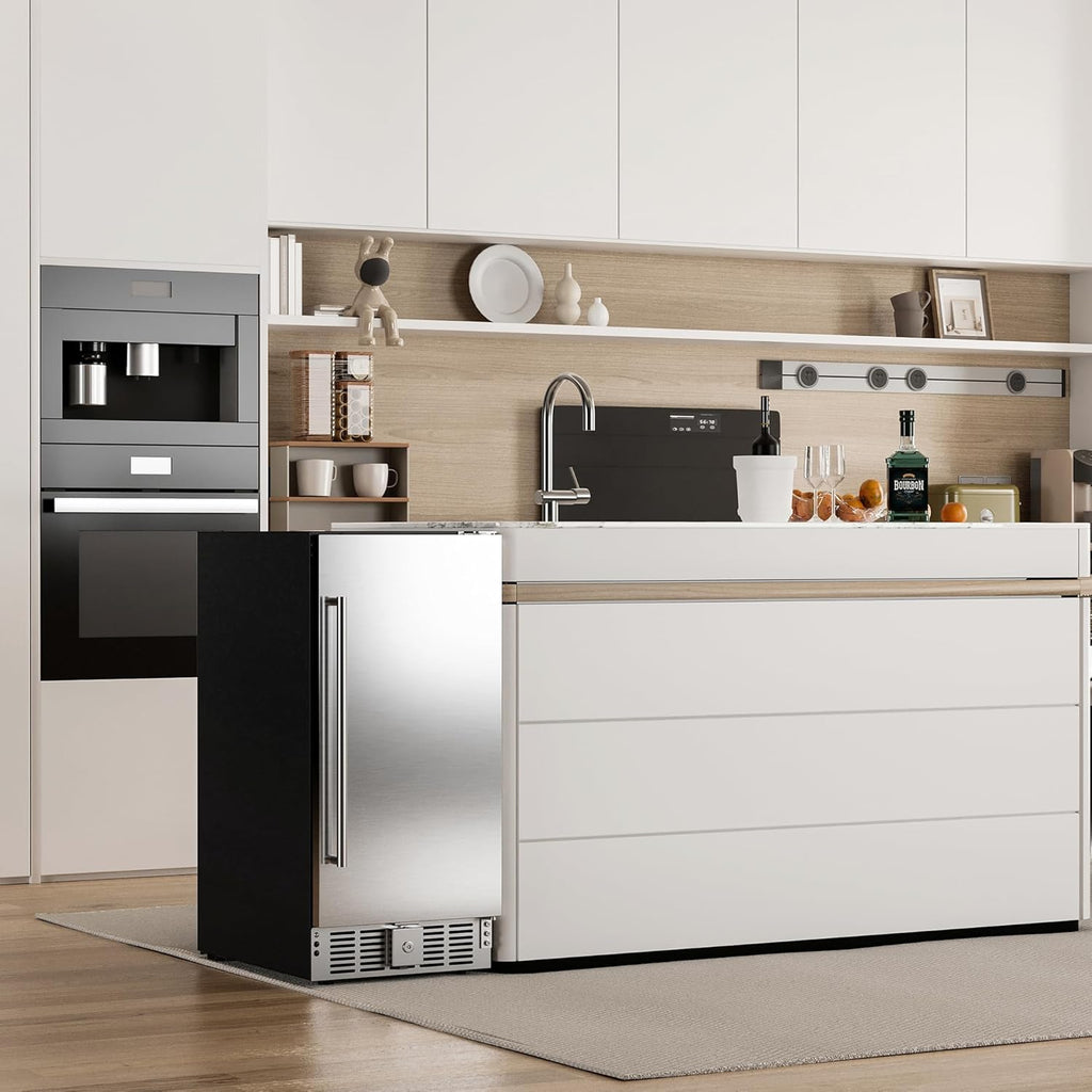 Beverage Refrigerator 15 Inch, Under Counter 127 Can Beverage Fridge with Stainl