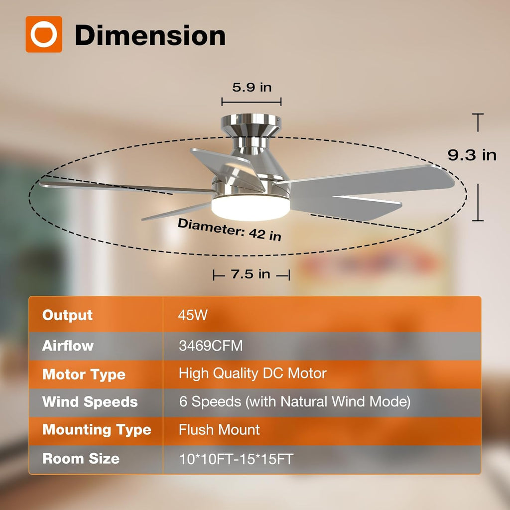 Ceiling Fans with Lights, 42 Inch Low Profile Ceiling Fan with Light And Remote Control, Flush Mount, Reversible, 3CCT, Dimmable, Quiet, Nickel Small Ceiling Fan for Bedroom Indoor/Outdoor Use A103-B0CLNLM3RR