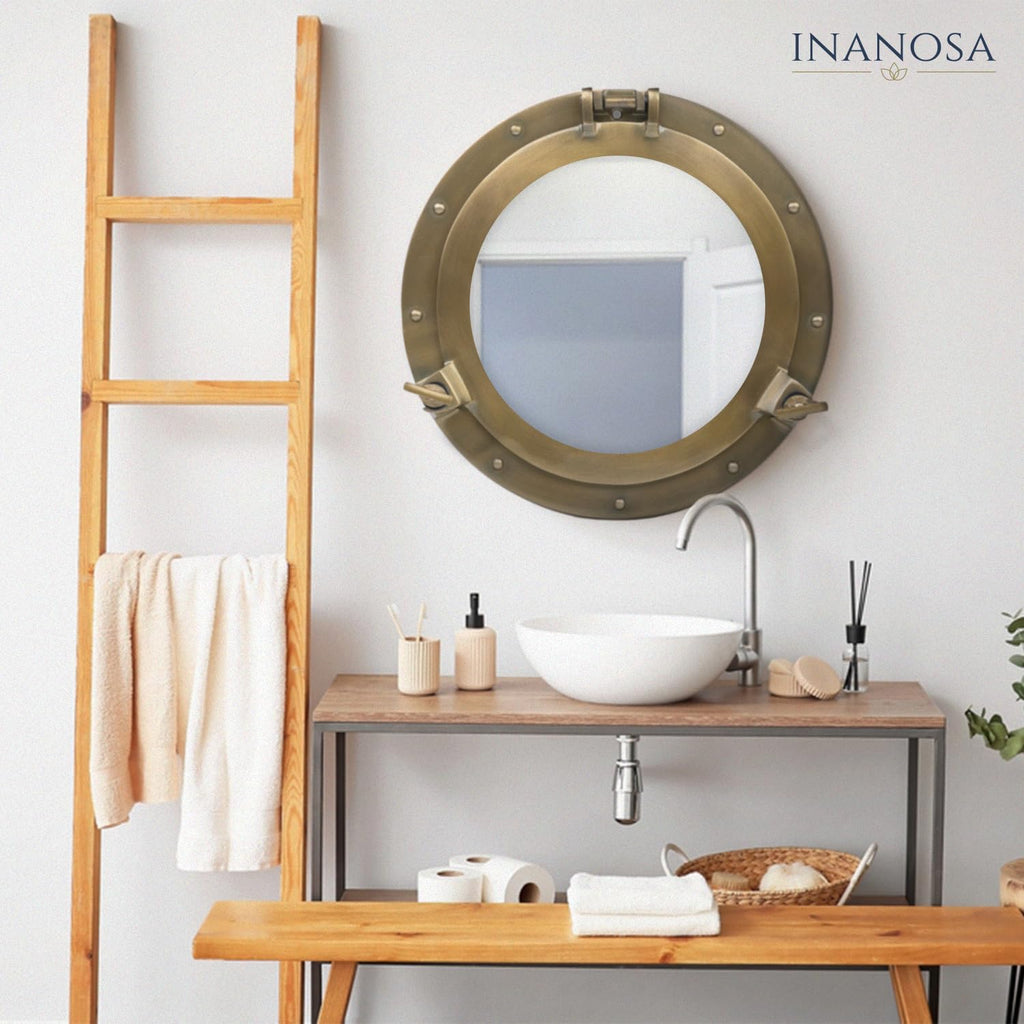 20 Inch Large Porthole Mirror - Nautical Wall Art, Round Antique Brass Aluminum Frame with Mirror Glass for Coastal