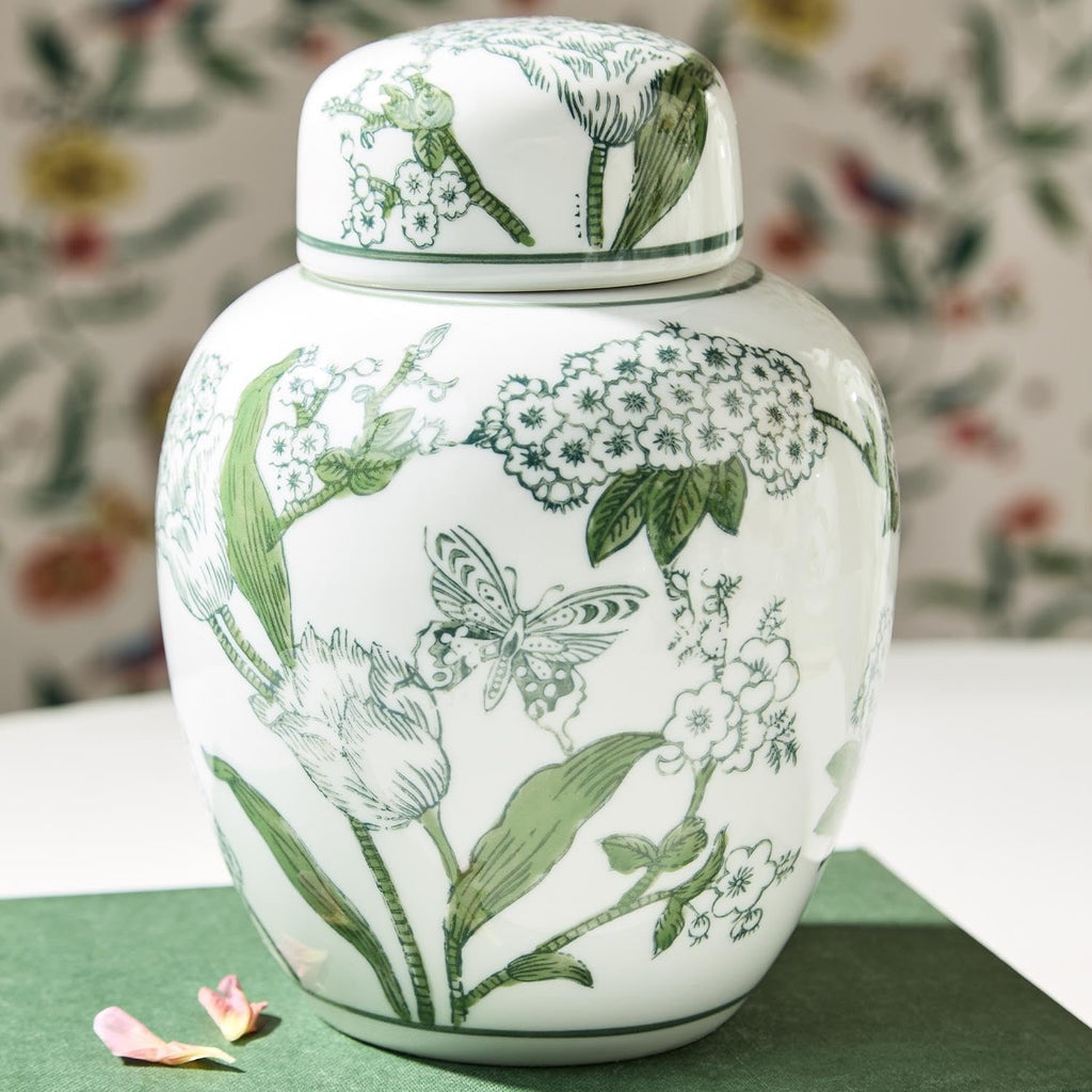 Primrose and Lotus Chinoiserie Ginger Jar with Lid, 7.5-Inch, Porcelain