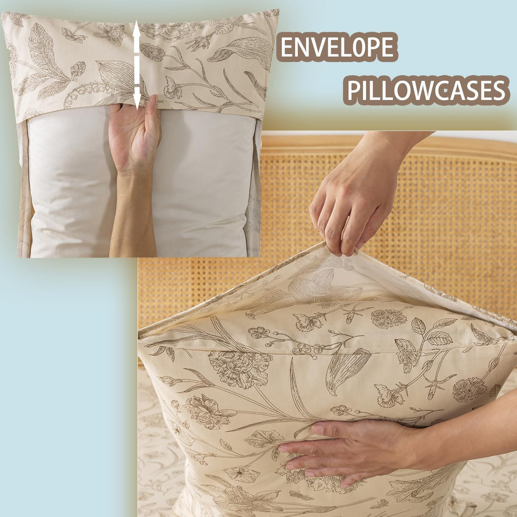 Full Size Sheets 100% Percale Cotton Beige Floral Bed Sheet, Brushed for Extra Softness, Breathable Luxury Toile