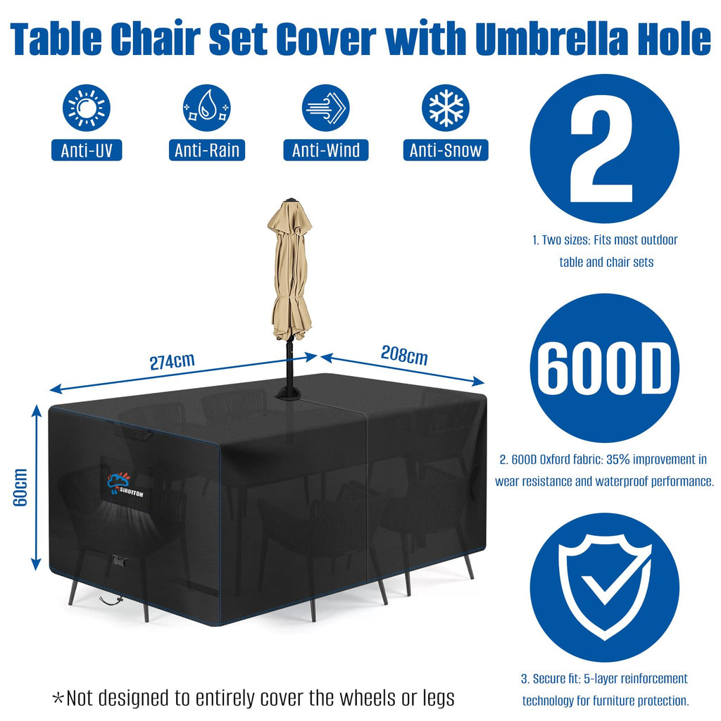 108" Rectangular Patio Dining Table Cover with Umbrella Hole 600D