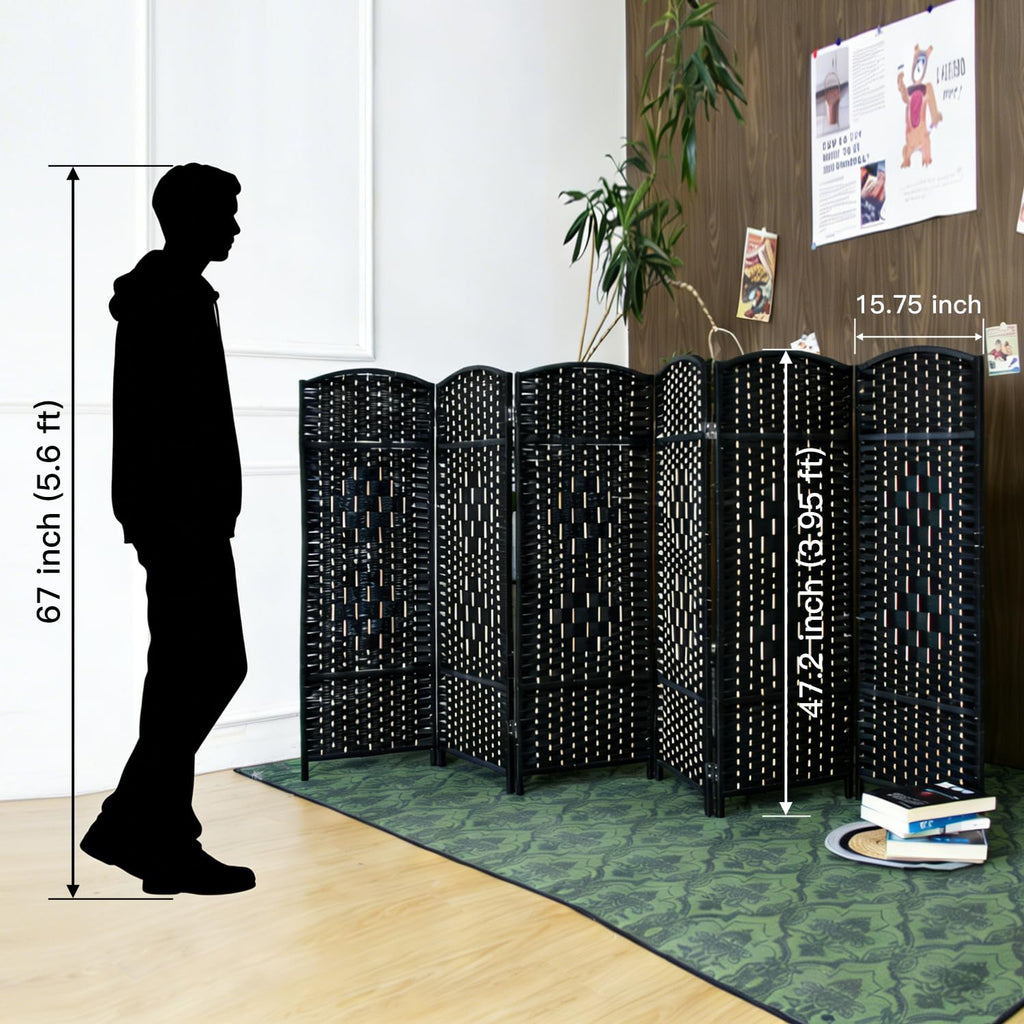 6 Panel Black Rattan Room Divider for Room Separation, 47.2" Low Height Double Sided Folding Privacy Screen