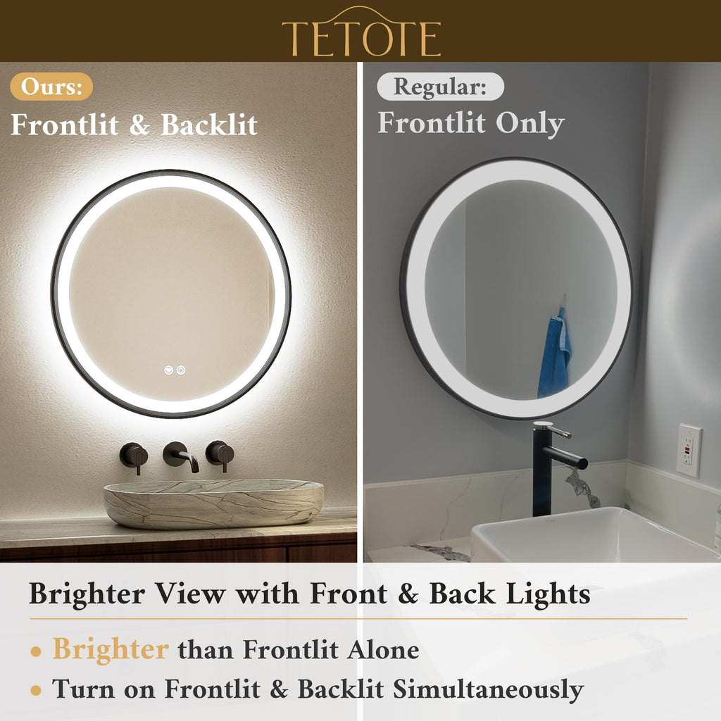 Round Led Lighted Bathroom Mirror Matte Black Frame 30 Inch Front and Backlit Circle Round Light up Vanity Mirror