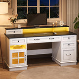 Farmhouse Executive Desk with Drawers Computer Desk with File Drawers, Power Outlet and Led Lights