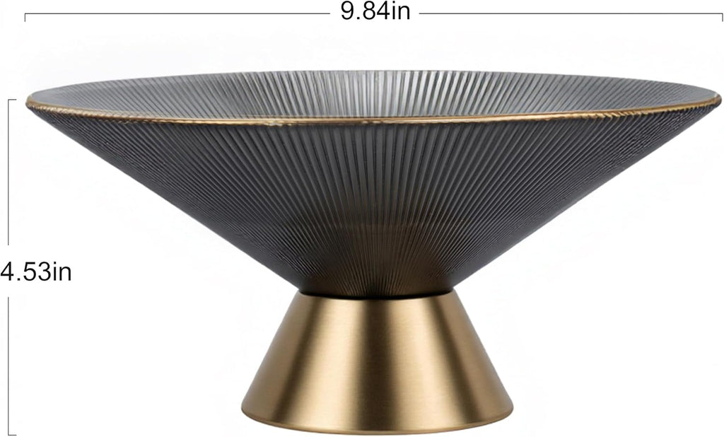 Tapered Glass Decorative Bowl(Gray), 9.8 Inches Handblown Striped Glass Bowl with Gold Trim and Rust Resistant Metal