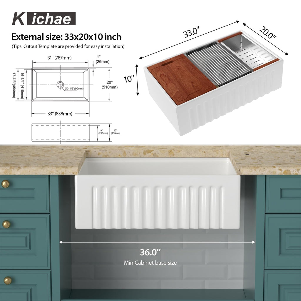33 White Farmhouse Kitchen Sink - 33X20 Inch Ledge Workstation Reversible Fluted Apron Front Ceramic Porcelain Farm