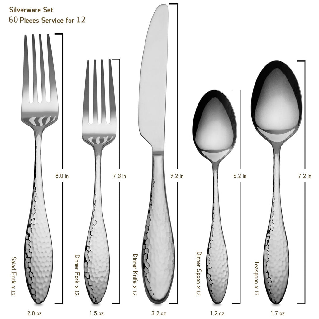 Emma 60-Piece 18/10 Silverware Set, Hammered Flatware Set, Heavy Duty Stainless Steel Cutlery Set, Modern Kitchen
