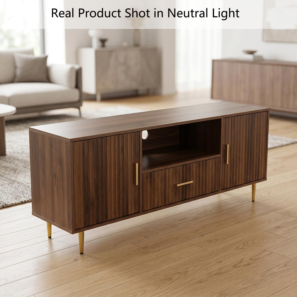 Luxury Fluted TV Stand, Entertainment Center for TVs Up to 65", Modern Media Console with Drawer and Cabinets, TV