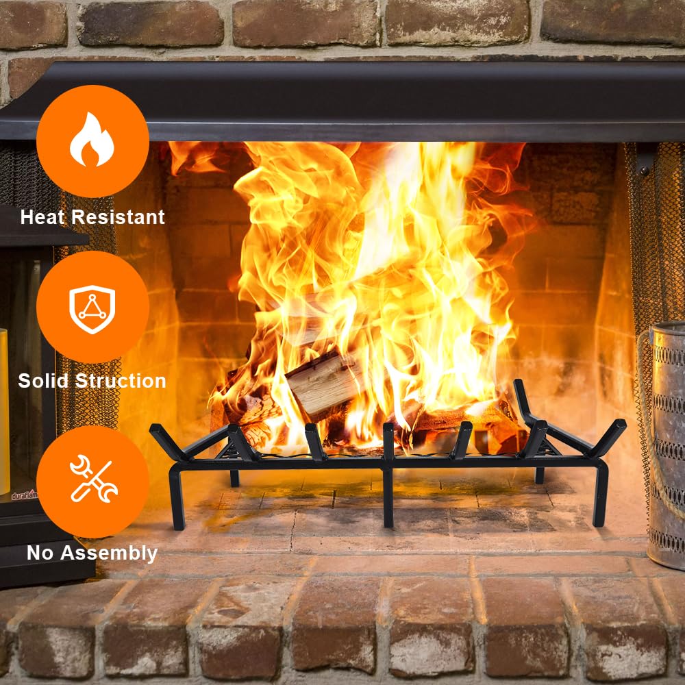 24 Inch Fireplace Grate with Ember Retainer, Cast Iron Fireplace Log Grate, Fireplace Log Holder, Heavy Duty Solid Steel