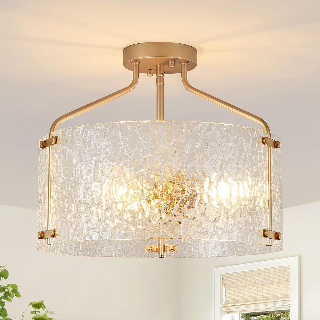 Semi Flush Mount Ceiling Light Fixture Glass Drum Chandelier Entryway Light Fixture 16''Gold Flush Mount Ceiling