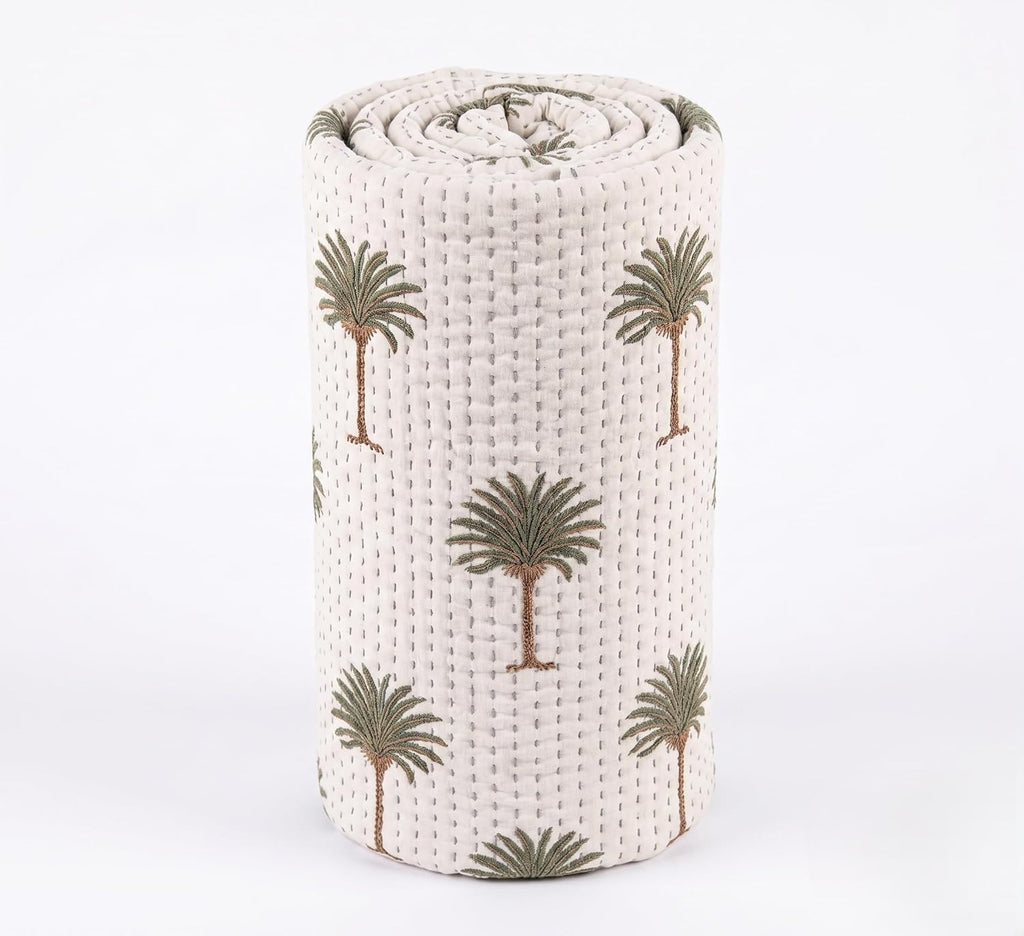 Hand Block Printed Palm Tree Baby Quilt 40x60 Inches, Reversible Cotton Kantha Throw, Tropical Green Tree Soft