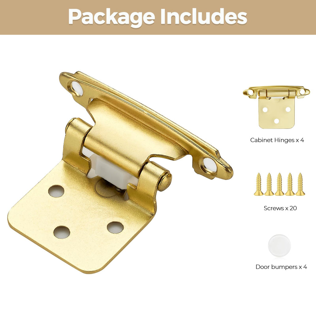 4 Pack 2 Pair Gold Cabinet Hinges, 1/2" Overlay Semi-Concealed Hinges