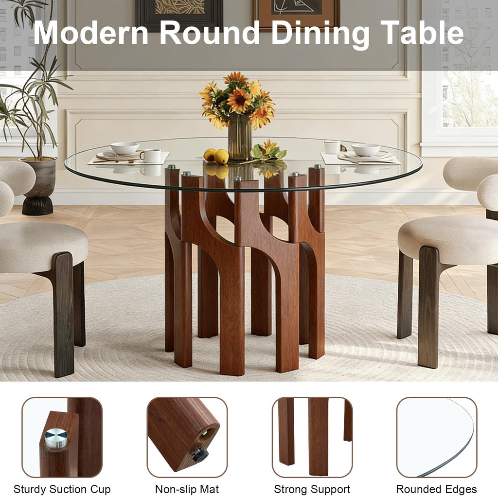 Round Glass Dining Table for 4-6, Modern 46-Inch Kitchen Table with Sturdy Pedestal Base & Clear Tempered Glass Top