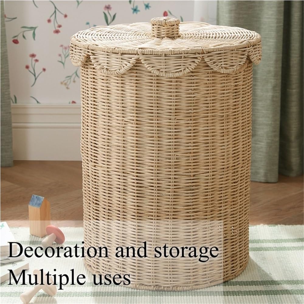 Woven Rattan Storage Basket with Lid, Round Laundry Hamper with Metal Frame | Handmade Rattan Basket for Clothes