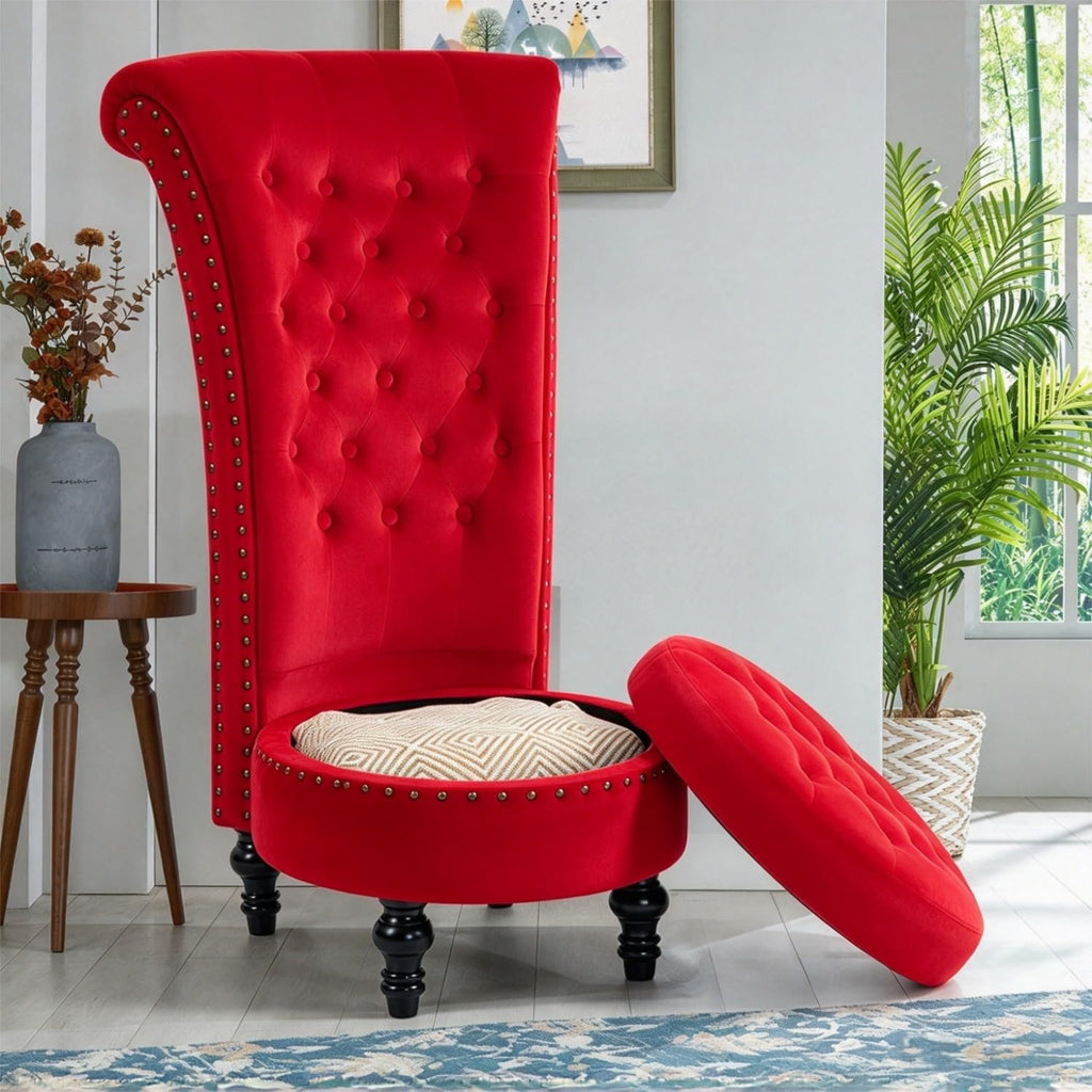 High Back Throne Chair with Storage, Red Velvet Royal Accent Chair