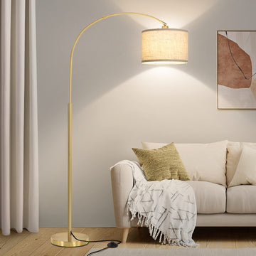 Gold Floor Lamp, Arc Floor Lamp with Adjustable Drum Lampshade, Modern Tall Standing Lamp with On/Off Foot Switch