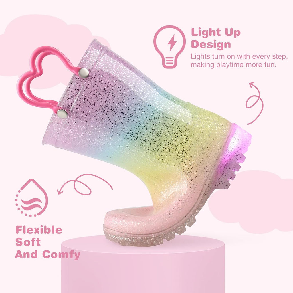 Kids Light-Up Rain Boots Waterproof Shoes with Easy-On Handles