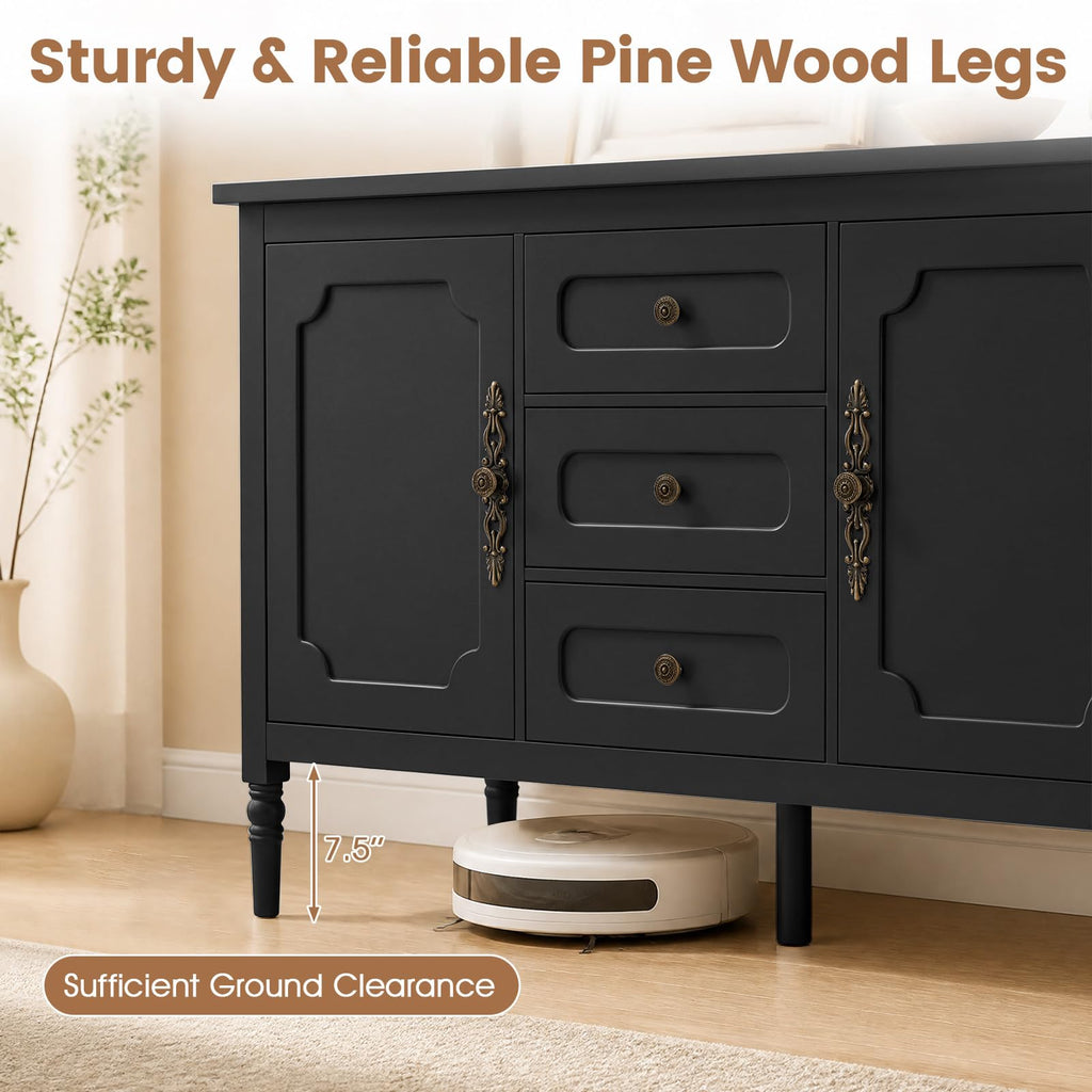 Buffet Cabinet, 47" Vintage Sideboard w/Adjustable Shelves(Black)