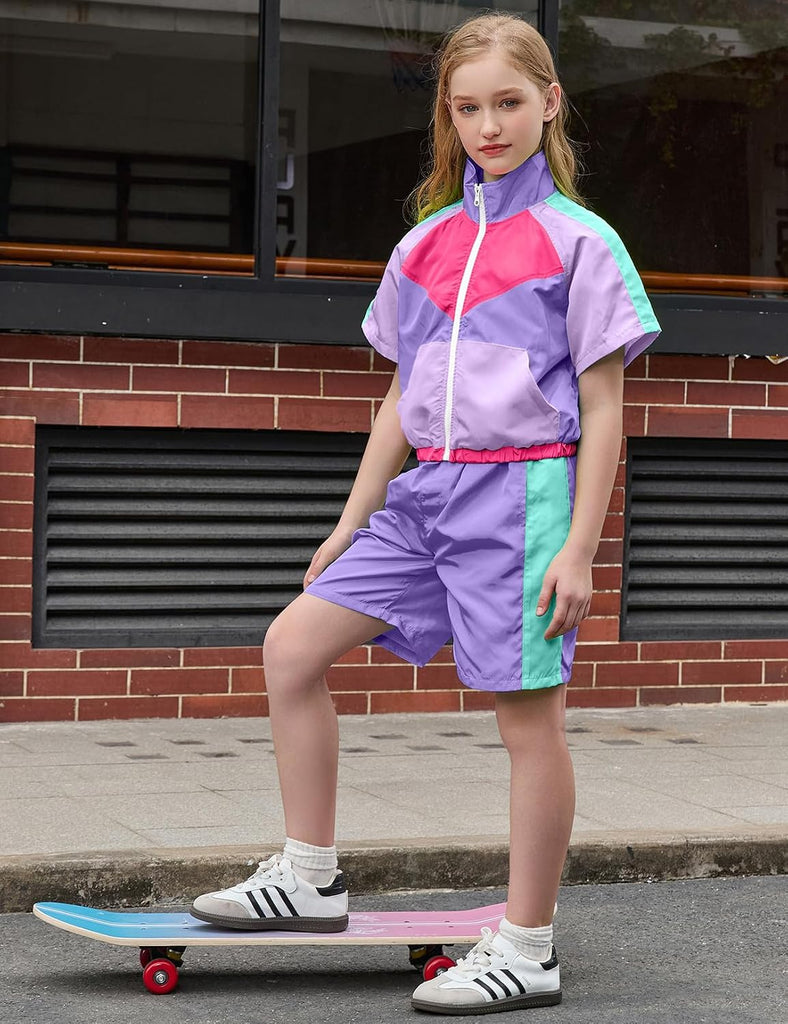 Girls Summer 2 Piece Outfits 80s 90s Tracksuit Windbreaker & Short Sets Hip Hop Dance