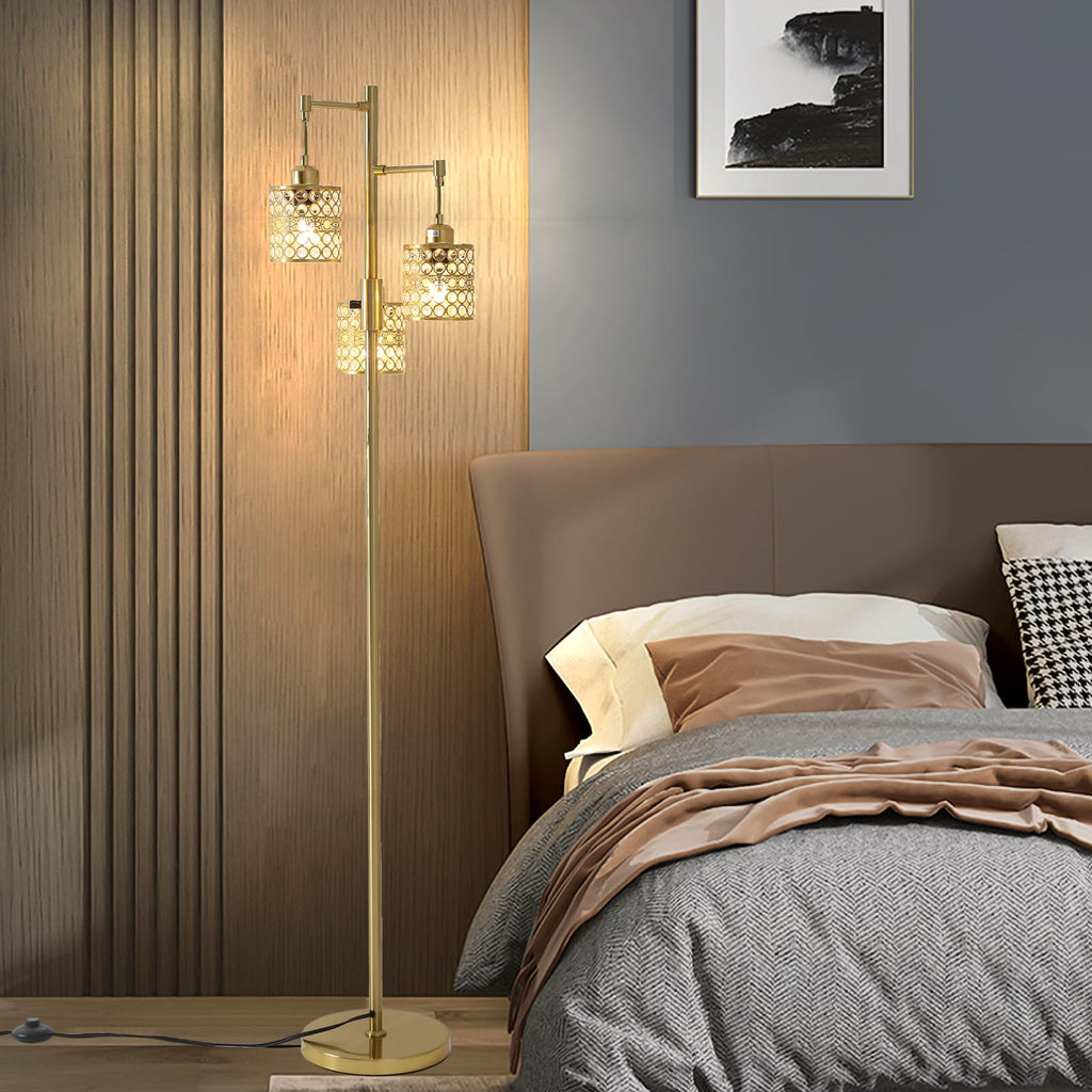 Industrial Floor Lamp, Dimmable Floor Lamp, Gold Tree Lamp Standing Lamp Tall Pole Lamps with 3 Elegant Crystal