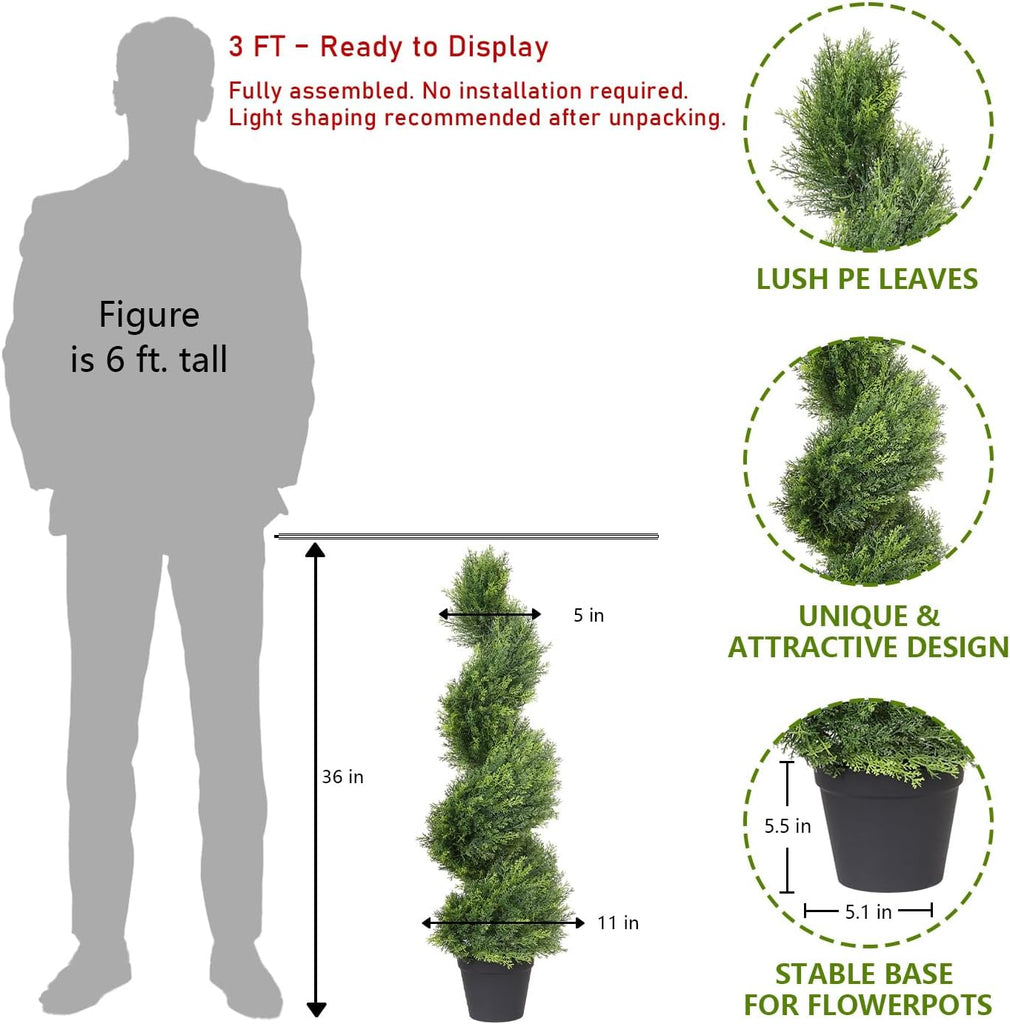 3ft Tall Spiral Topiary Trees Artificial Outdoor Set of 2 | UV Resistant Realistic Faux Cedar Cypress Fake Plants