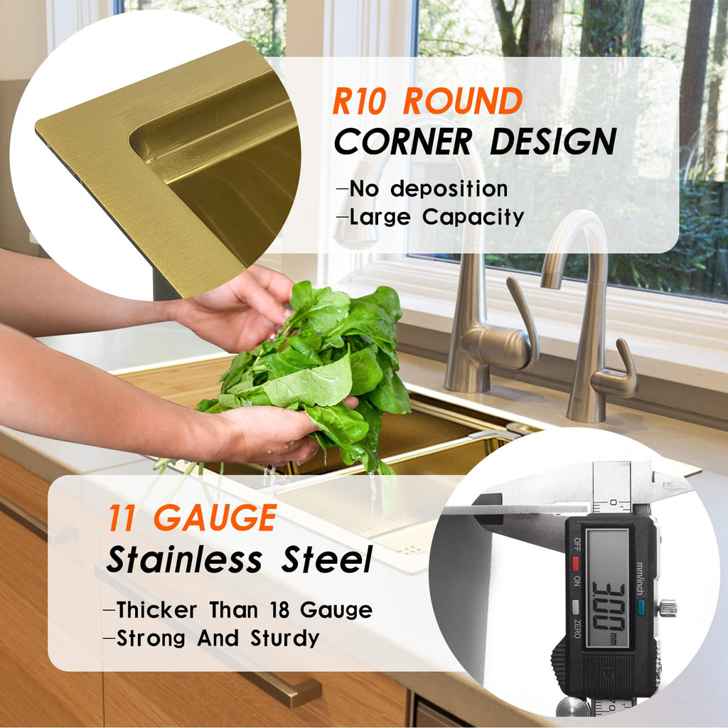 Gold 30x18 Stainless Steel Kitchen Sink Workstation, Undermount, Single Bowl