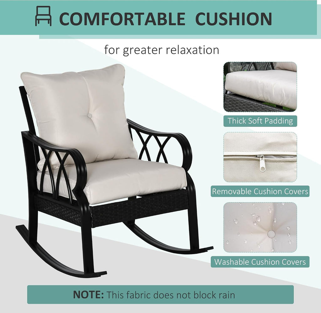 Outdoor Wicker Rocking Chair Padded Cushions Aluminum Khaki | Furniture Rattan Porch Rocker Chair, Armrest, Garden