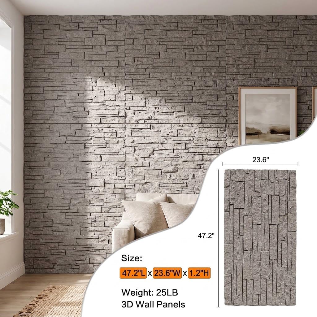 3D Faux Stone Wall Panels, 4 PCS PU Wainscoting Panel - Stacked Stone Design for Interior Wall Decor, Home & Office