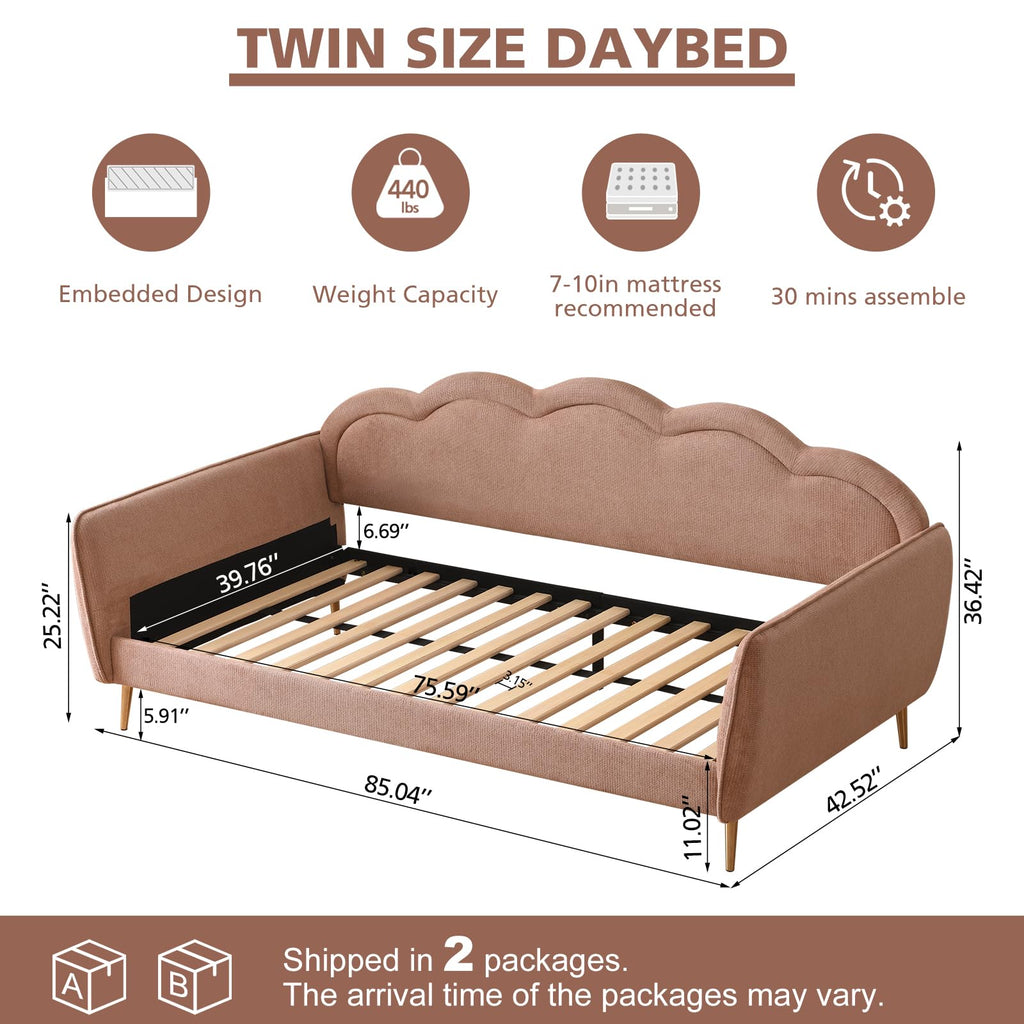 Twin Size Upholstered Daybed with Cloud-Shaped Backrest, Modern Linen Sofa Bed with Metal Legs, Wood Slat Support