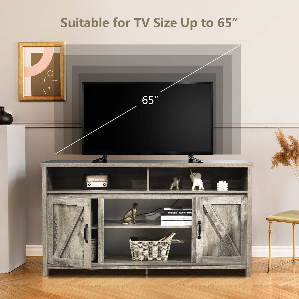 Modern Farmhouse TV Stand with Double Barn Doors, 59 inch TV Storage Cabinet for TVs Up to 65 Inches, Adjustable