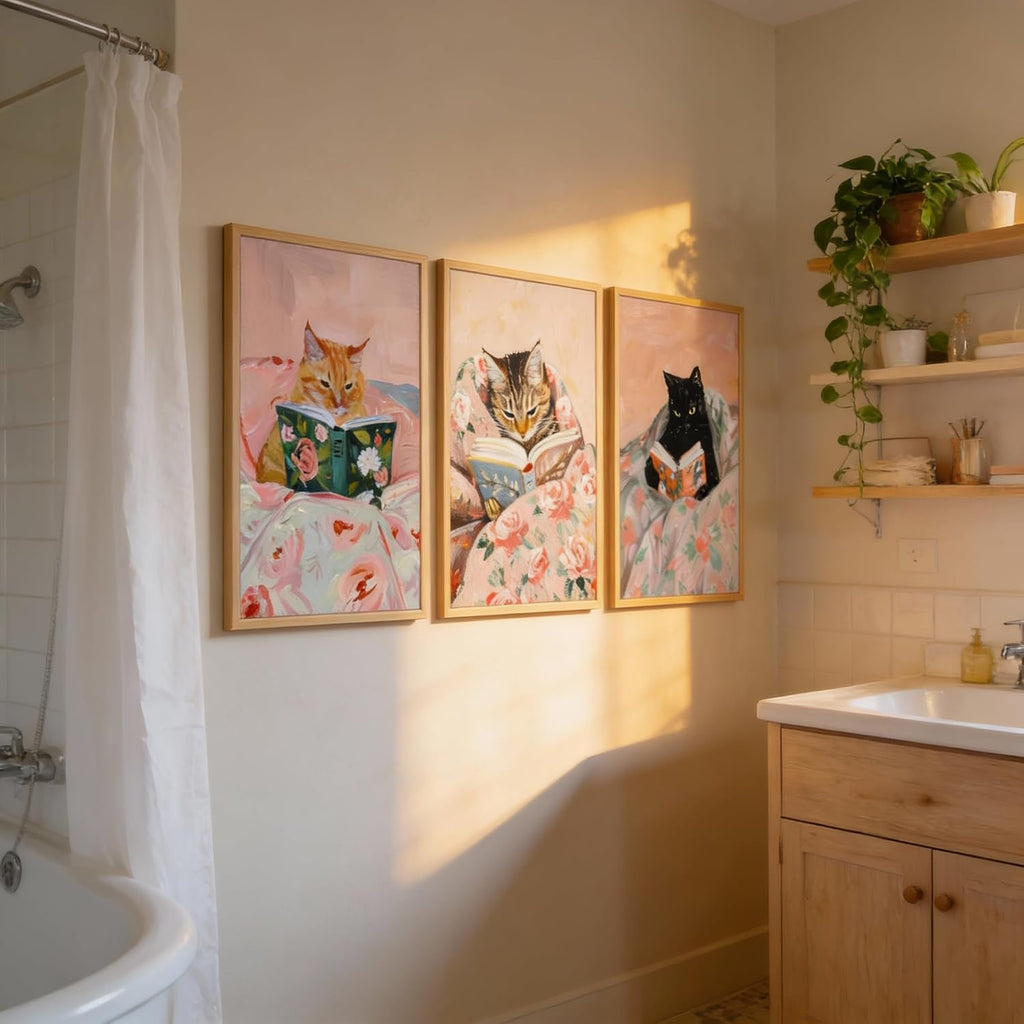 3Pcs Framed Vintage Cat Canvas Wall Art, Pink, 12''x16'' | Funny Animal Reading Books Pictures, Cute Kitten Lovers