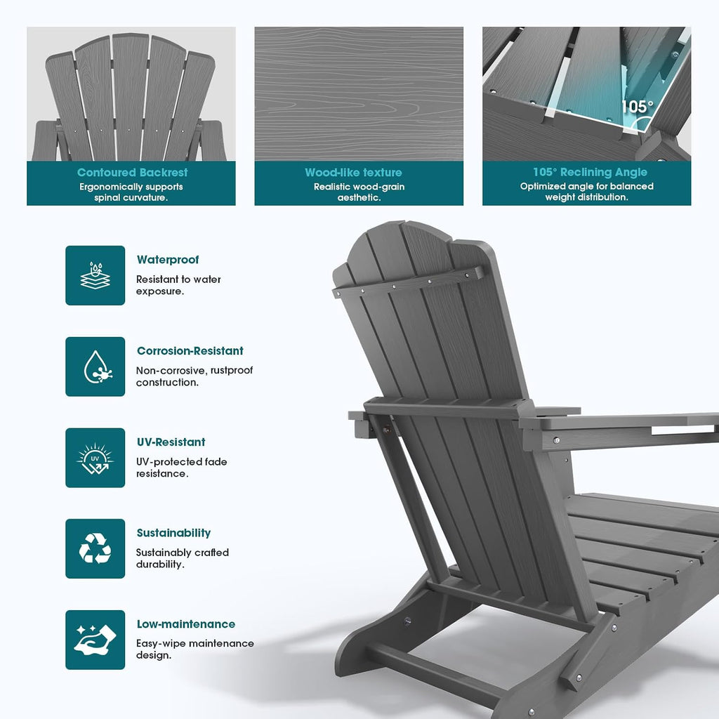 Folding Adirondack Chair, HDPE All-Weather Outdoor Chair | with Cup Holder, Wood Grain, Wide Armrest, Fire Pit Chair