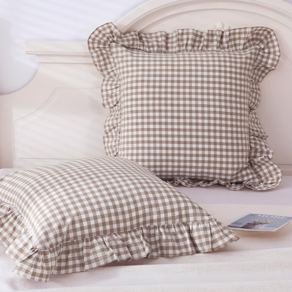 Taupe Plaid Gingham Ruffle Decorative Throw Pillow Covers 18"x18"