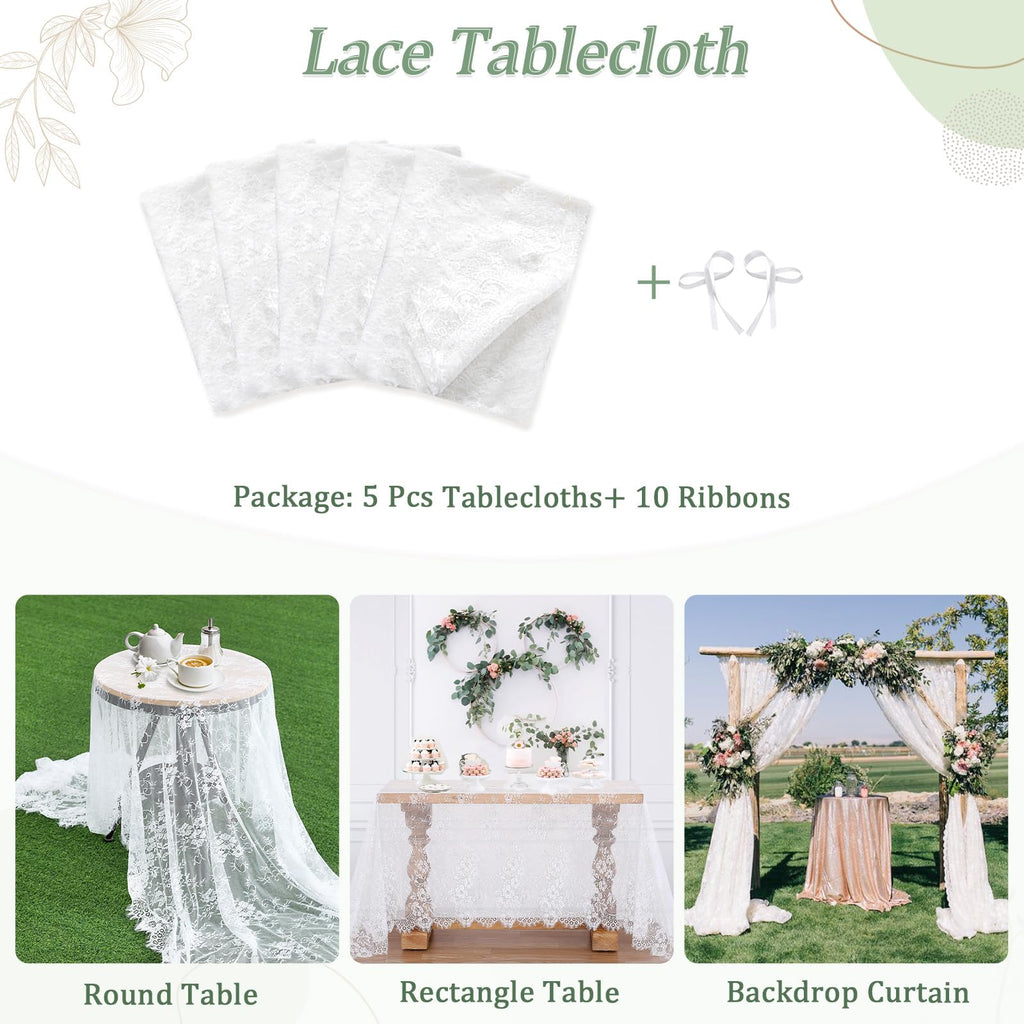 White Lace Tablecloth 5 Pack 60 x 120 Inch Wedding Table Cloth Rustic Table Overlay Sheer Table Cloths for Vintage
