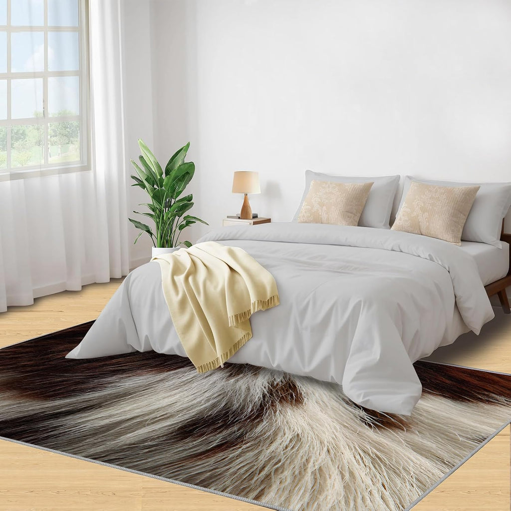 Animal Hide Print Area Rug Gradient Fur Texture Bedroom Rug | Cream Hair Strands Rugs , Indoor Carpet, Low-Pile & Non