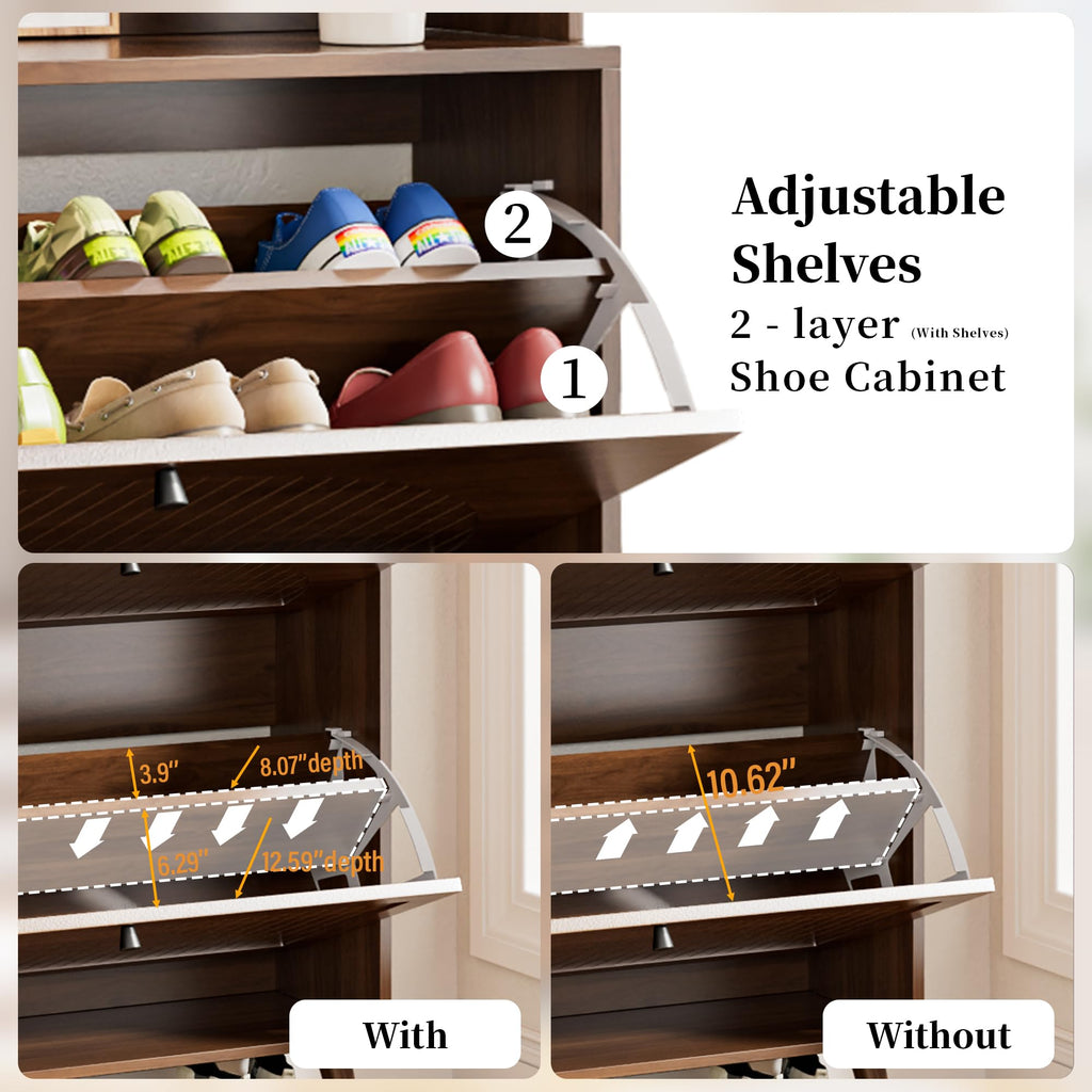 Shoe Storage Cabinet with 2 Fluted Flip Drawers & Coat Rack, Walnut