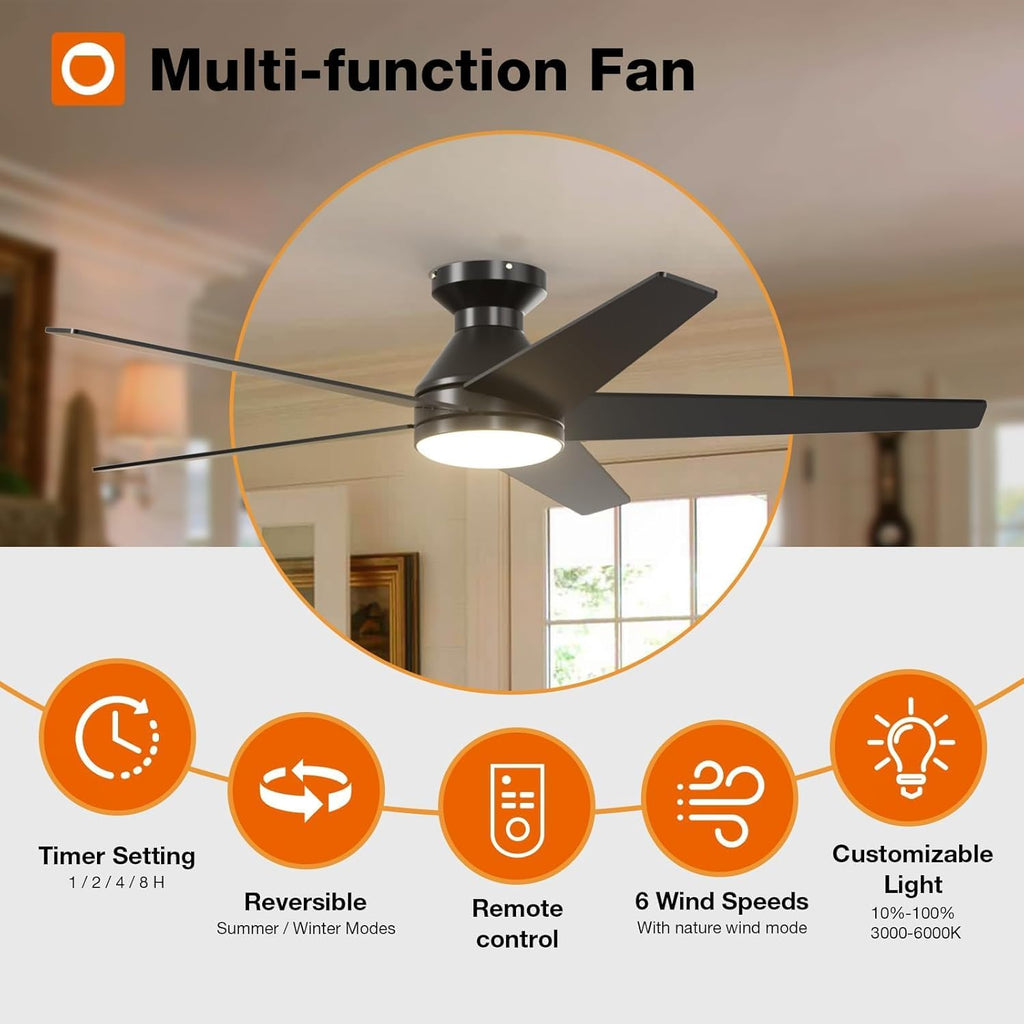 Ceiling Fans with Lights, 52 inch Low Profile Ceiling Fan with Light and Remote Control, Flush Mount, Reversible, 3CCT, Dimmable, Noiseless, Black Ceiling Fan for Bedroom, Indoor/Outdoor Use A103-B0CLNJNKMW
