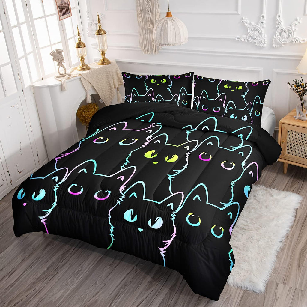 Kids Bedding Cartoon Cat Comforter Set Twin,Gradient Line Cute Cat Bedding Set for Teens Boys Girls Adults Room