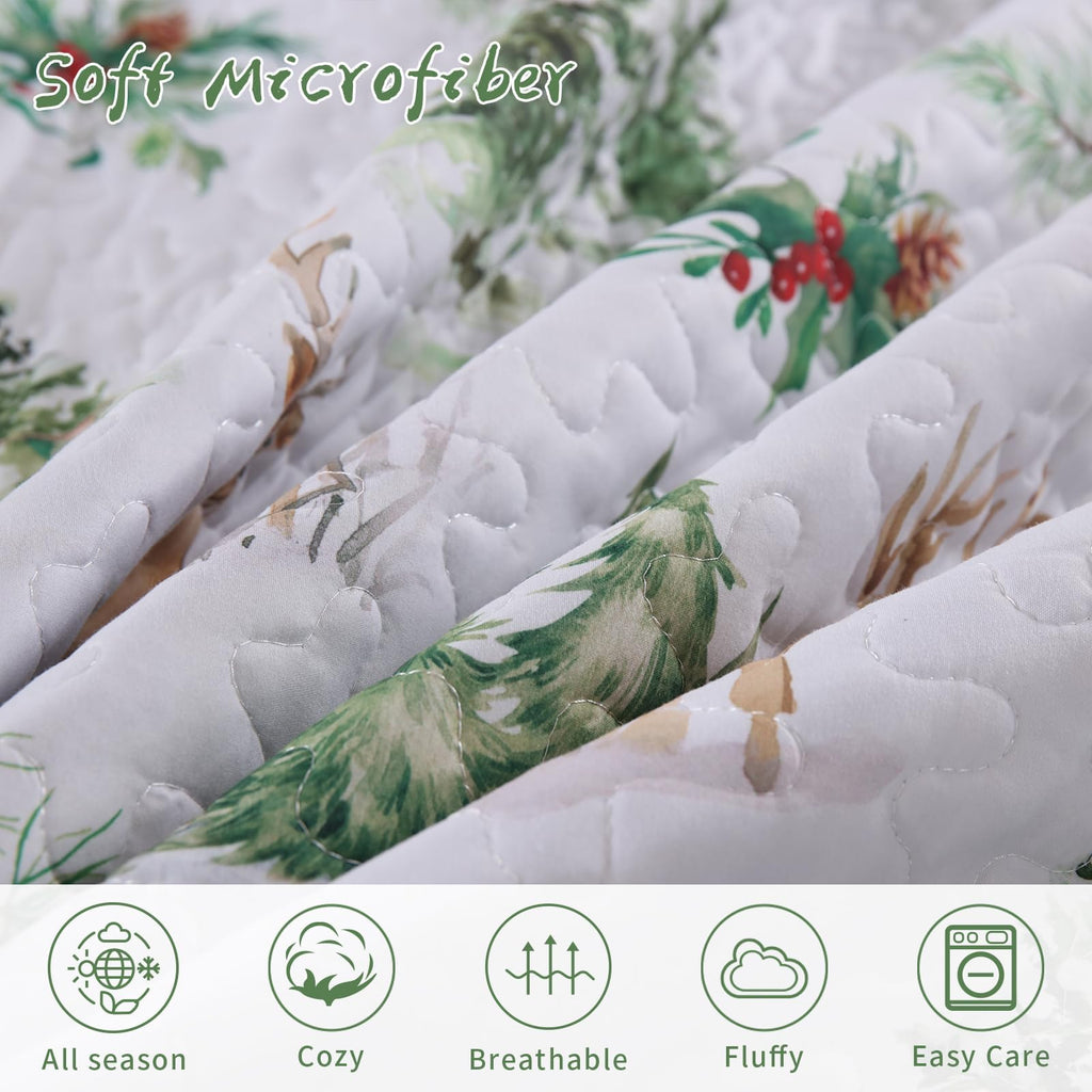 Christmas Quilt Set Queen Size Green Xmas Reindeer Pine Tree Bedding Set